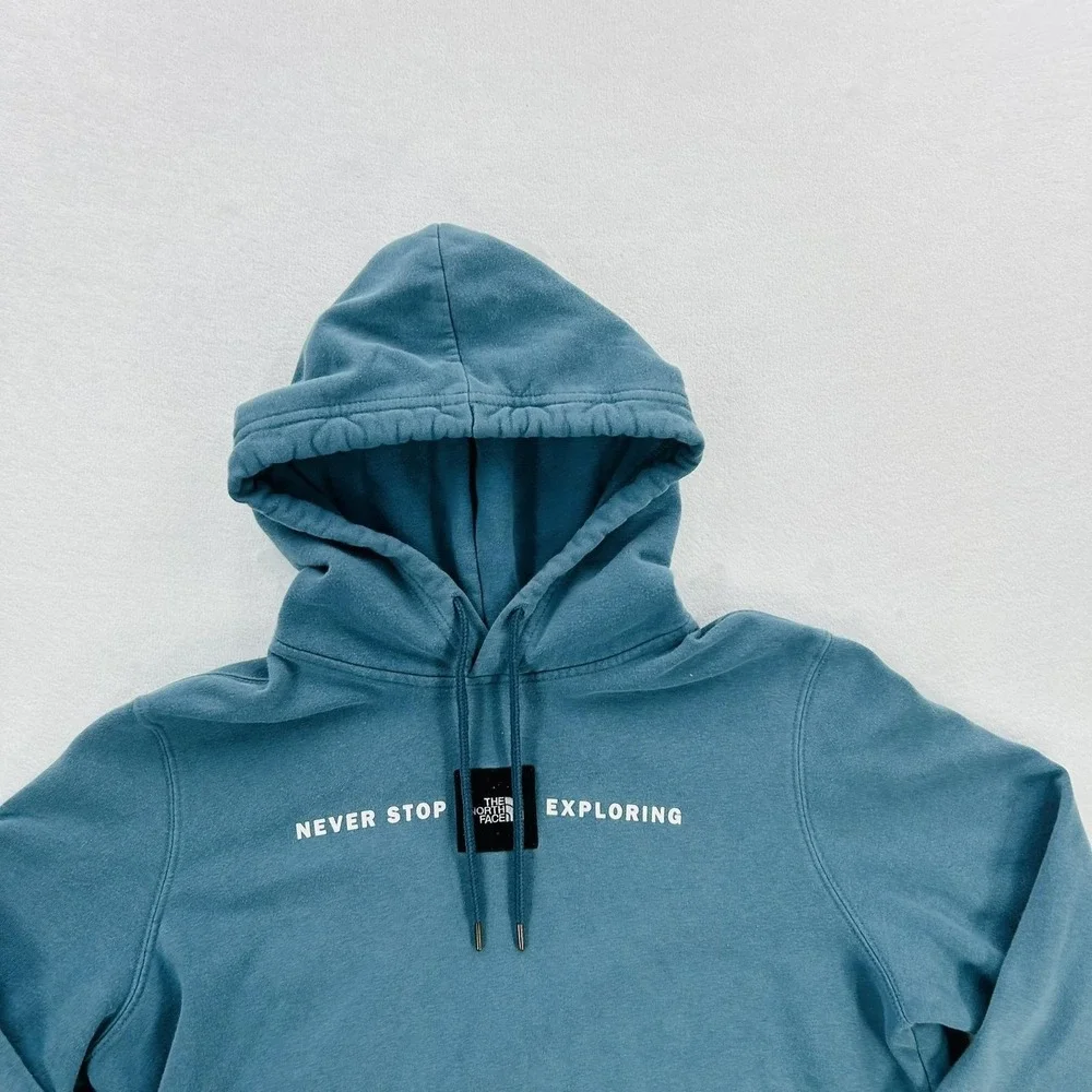 The North Face Hoodie Mens Large Blue Never Stop Exploring Pullover Fleece Logo